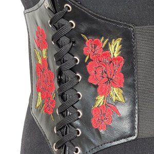 Black with Red Rose Faux Leather Corset Belt